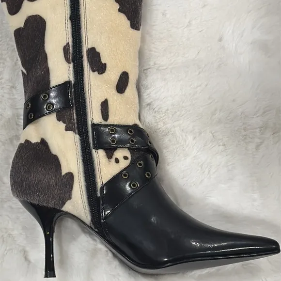 Colin Stuart Black and Cream Cow print Women's Leather Heeled Boots