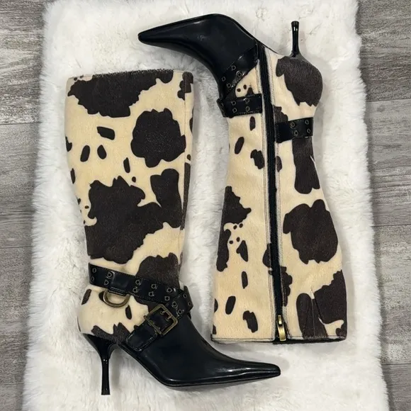 Colin Stuart Black and Cream Cow print Women's Leather Heeled Boots