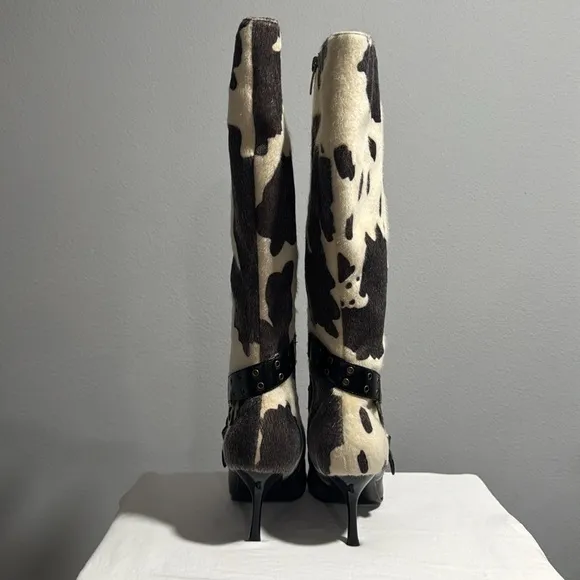Colin Stuart Black and Cream Cow print Women's Leather Heeled Boots