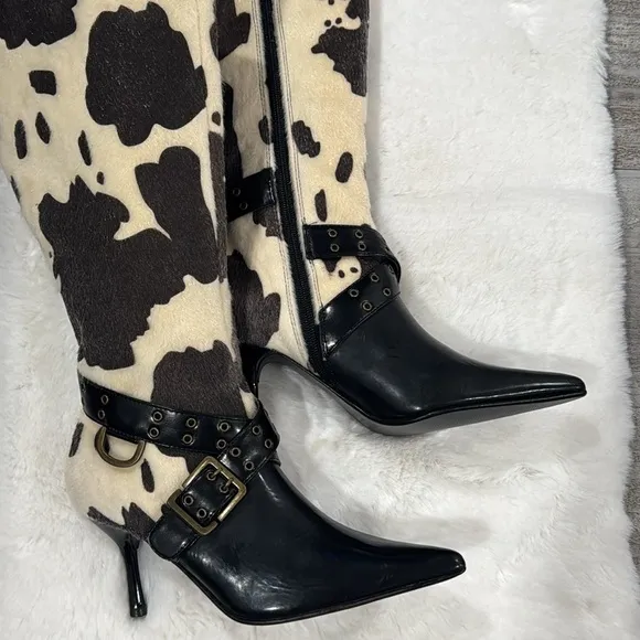 Colin Stuart Black and Cream Cow print Women's Leather Heeled Boots