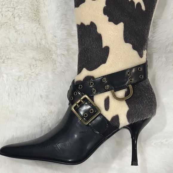 Colin Stuart Black and Cream Cow print Women's Leather Heeled Boots