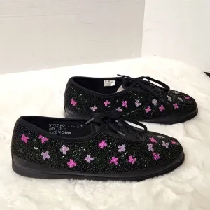 Colorwerks.90's cottagecore Black floral  Beaded lace-up sneakers. Size 13w.
