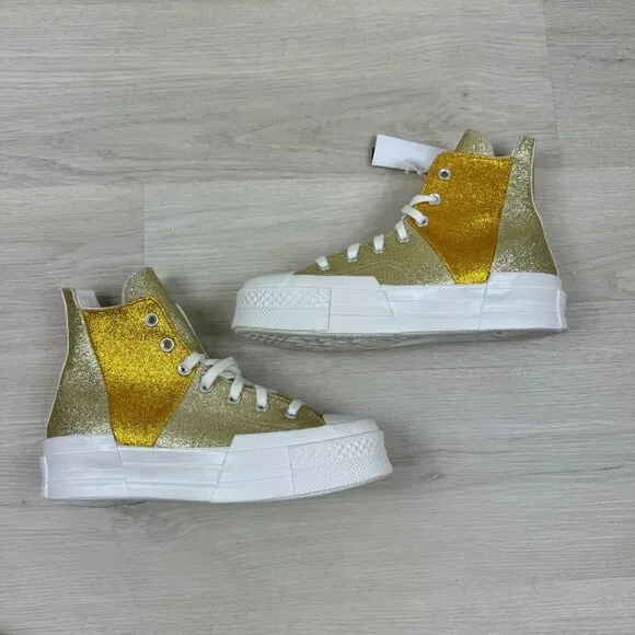 Converse Chuck 70 Plus Glitter High Top Sneaker Shoes Womens 7.5 Gold A08176C