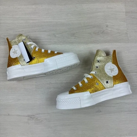 Converse Chuck 70 Plus Glitter High Top Sneaker Shoes Womens 7.5 Gold A08176C