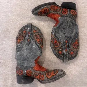 Corral Grey &amp; Orange Snakeskin Leather Western Cowgirl Boots – Size 5 RARE,