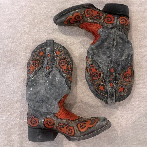 Corral Grey &amp; Orange Snakeskin Leather Western Cowgirl Boots – Size 5 RARE,