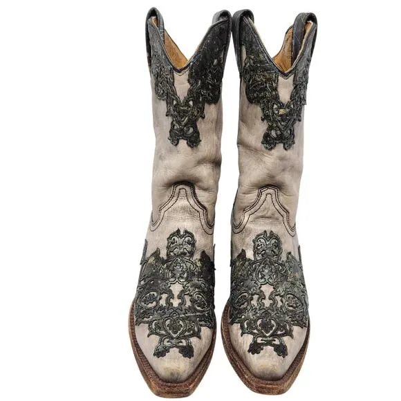 Corral Leather Embroidered Snip Toe Cowgirl Boots Mid-Calf Western Brown Sz 7.5