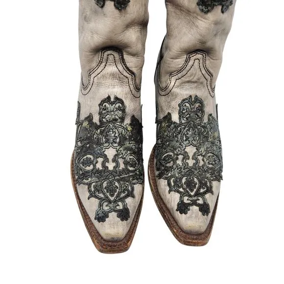 Corral Leather Embroidered Snip Toe Cowgirl Boots Mid-Calf Western Brown Sz 7.5