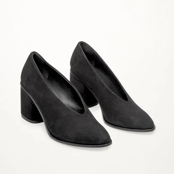COS Black Suede Pointy Toe Chunky Heel Pumps Slip-On Shoes Block Heels 39