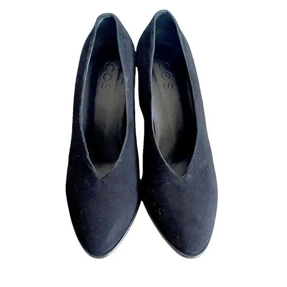 COS Black Suede Pointy Toe Chunky Heel Pumps Slip-On Shoes Block Heels 39