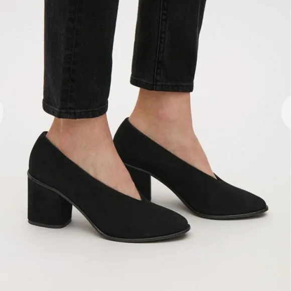 COS Black Suede Pointy Toe Chunky Heel Pumps Slip-On Shoes Block Heels 39
