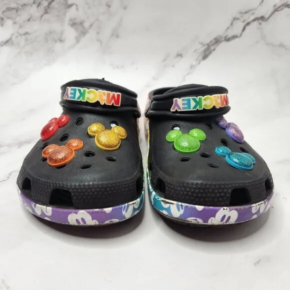 Crocs Classic Disney Rainbow Black Mickey Mouse Slip-On Clogs Kids 3 (J3)