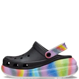 CROCS UNISEX CLASSIC CRUSH CLOGS | PLATFORM SHOES, BLACK/MULTI SPRAY DYE, N