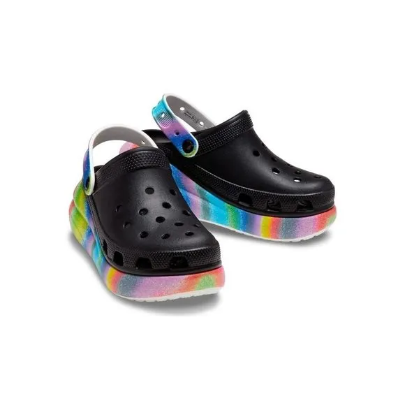 CROCS UNISEX CLASSIC CRUSH CLOGS | PLATFORM SHOES, BLACK/MULTI SPRAY DYE, N