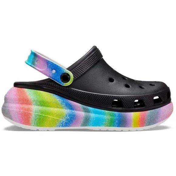 CROCS UNISEX CLASSIC CRUSH CLOGS | PLATFORM SHOES, BLACK/MULTI SPRAY DYE, N