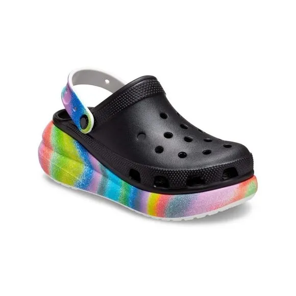 CROCS UNISEX CLASSIC CRUSH CLOGS | PLATFORM SHOES, BLACK/MULTI SPRAY DYE, N