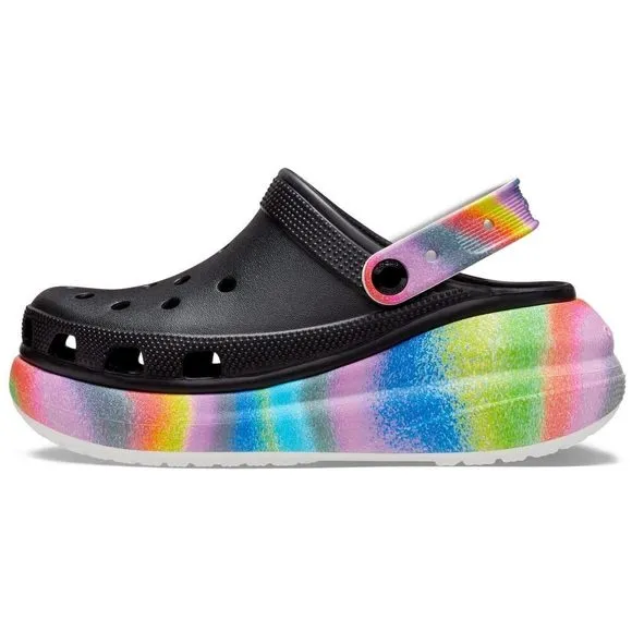CROCS UNISEX CLASSIC CRUSH CLOGS | PLATFORM SHOES, BLACK/MULTI SPRAY DYE, N