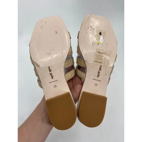 Cult Gaia Natural Beige Sarelle Woven Raffia Straw Flat Square Toe Sandals Sz 35