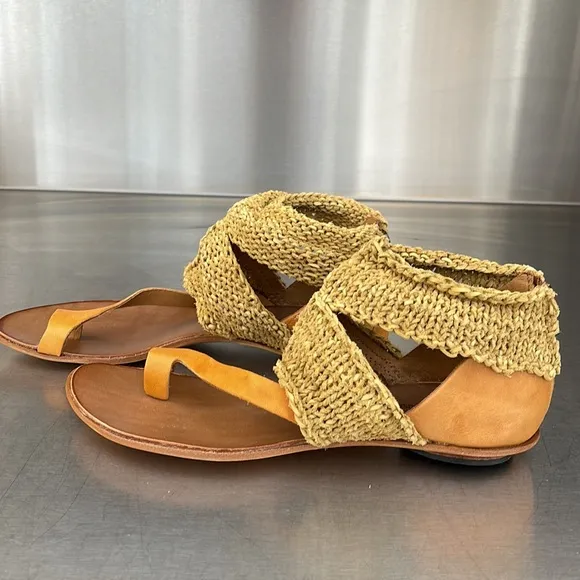 Cydwoq “Turret” leather sandals in gold. Made in USA. New in original box.