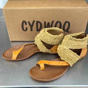 Cydwoq “Turret” leather sandals in gold. Made in USA. New in original box.