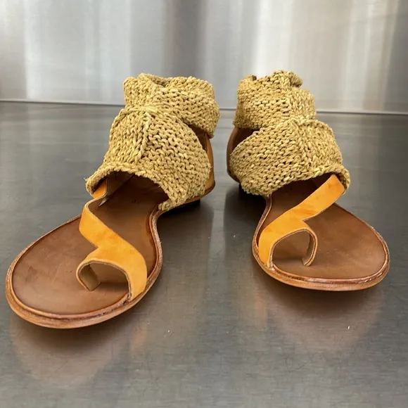 Cydwoq “Turret” leather sandals in gold. Made in USA. New in original box.