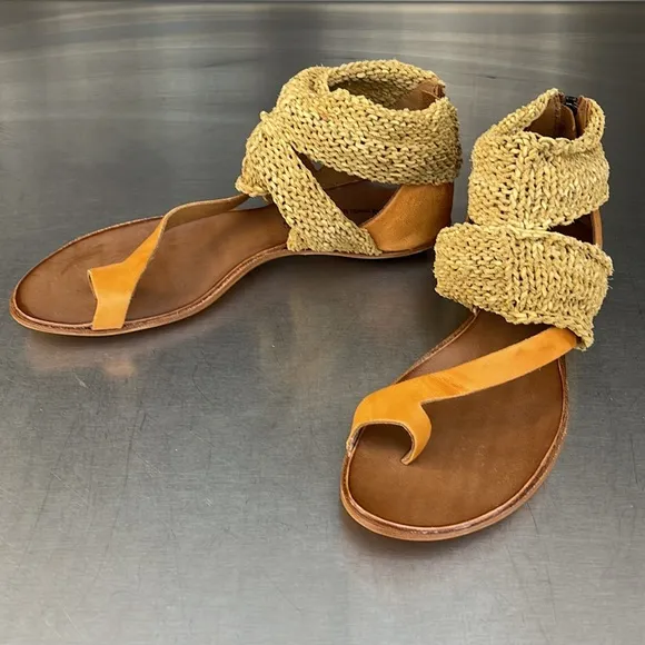 Cydwoq “Turret” leather sandals in gold. Made in USA. New in original box.