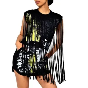 Dai Moda Women's Unity Fringe Mini Dress Black Size M