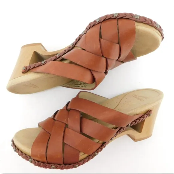 DANSKO Cognac Brown Leather Woven Slide Sandals 38