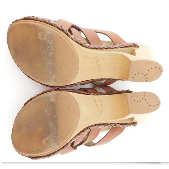 DANSKO Cognac Brown Leather Woven Slide Sandals 38