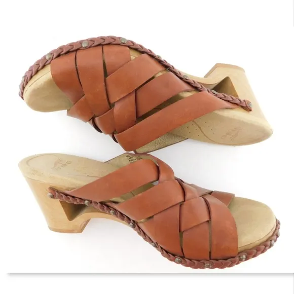 DANSKO Cognac Brown Leather Woven Slide Sandals 38