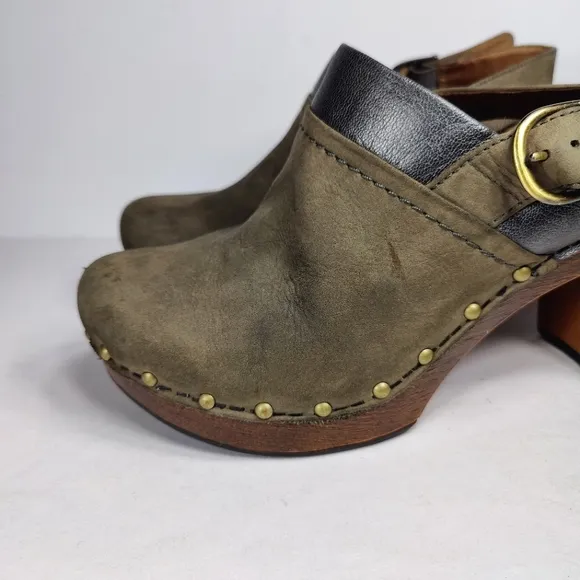 Dansko Delle Suede Retro Slingback Heel Platform Olive Clog Women's Size 7.5-8