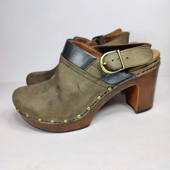 Dansko Delle Suede Retro Slingback Heel Platform Olive Clog Women's Size 7.5-8