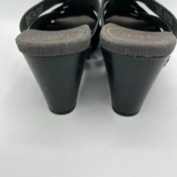 Dansko Womens Black Leather Strappy Wedge Sandals Size 40 Braided Trim