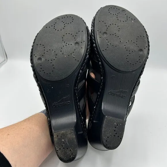 Dansko Womens Black Leather Strappy Wedge Sandals Size 40 Braided Trim