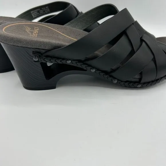 Dansko Womens Black Leather Strappy Wedge Sandals Size 40 Braided Trim