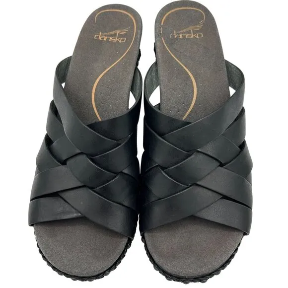 Dansko Womens Black Leather Strappy Wedge Sandals Size 40 Braided Trim