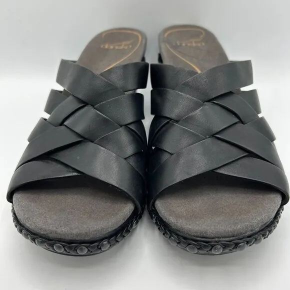 Dansko Womens Black Leather Strappy Wedge Sandals Size 40 Braided Trim