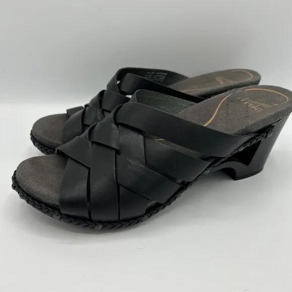 Dansko Womens Black Leather Strappy Wedge Sandals Size 40 Braided Trim