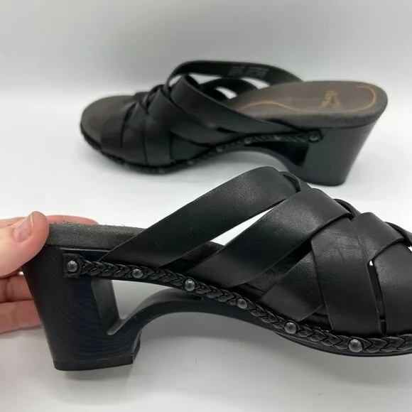 Dansko Womens Black Leather Strappy Wedge Sandals Size 40 Braided Trim
