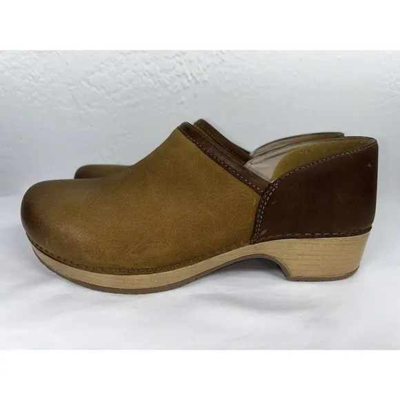 Dansko Women's Brenna Slip-On Clog - Tan Burnished Suede EU 38  US 7.5-8 Shoes