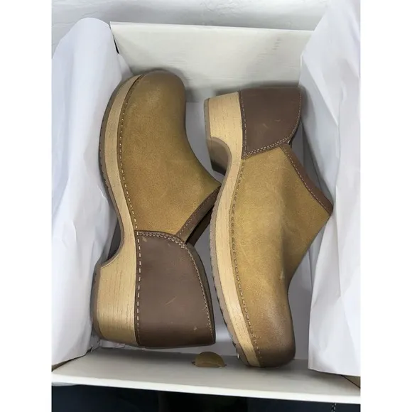 Dansko Women's Brenna Slip-On Clog - Tan Burnished Suede EU 38  US 7.5-8 Shoes