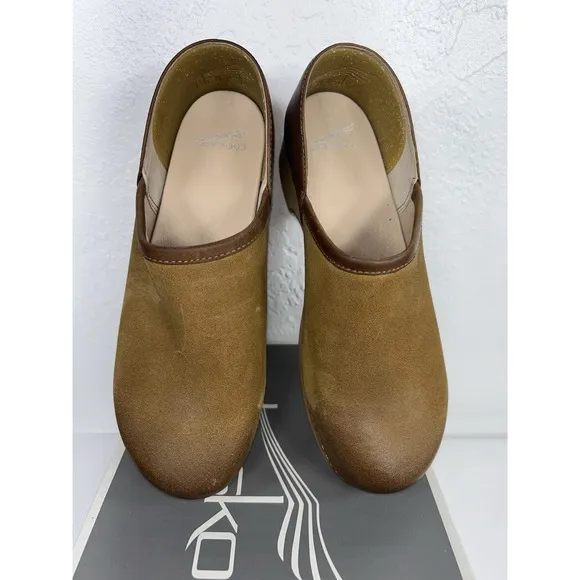 Dansko Women's Brenna Slip-On Clog - Tan Burnished Suede EU 38  US 7.5-8 Shoes