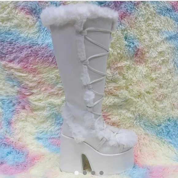 Demonia Camel 311 White Faux Fur Platform Boots