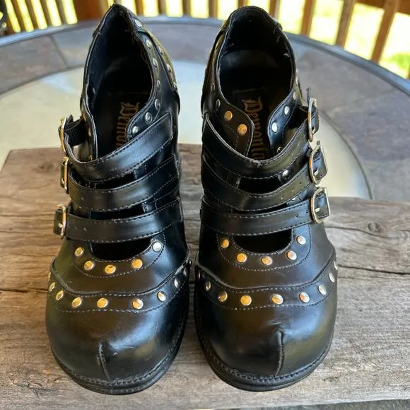 Demonia Vampire Platform Mary Jane Studded 3 Straps SZ 7 Chunky Gothic Punk