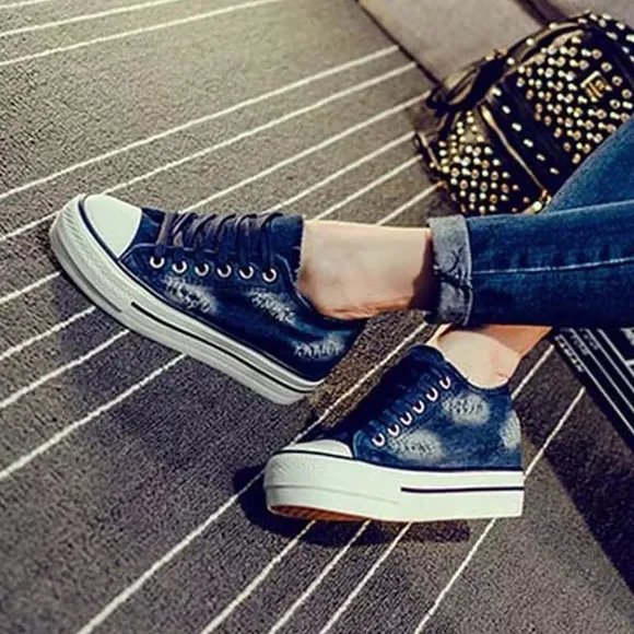 Denim sneakers shoes platform dark blue ripped