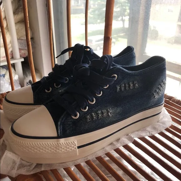 Denim sneakers shoes platform dark blue ripped