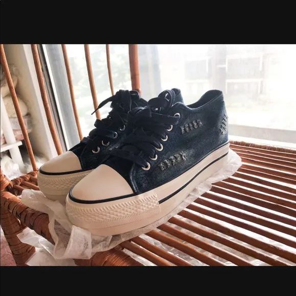 Denim sneakers shoes platform dark blue ripped