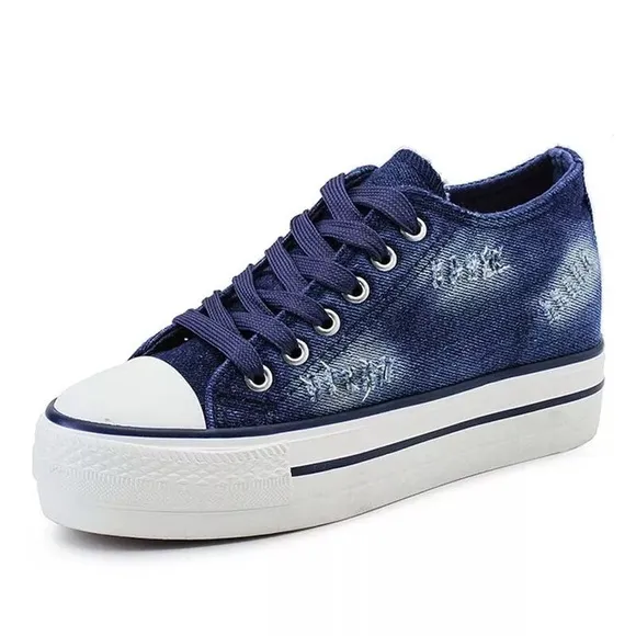 Denim sneakers shoes platform dark blue ripped