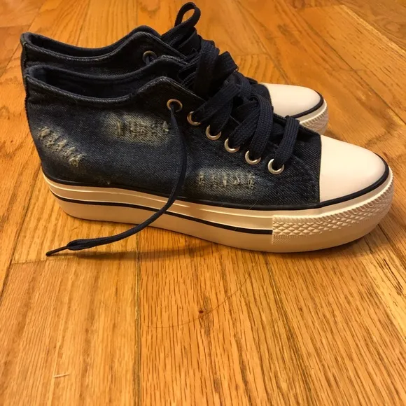Denim sneakers shoes platform dark blue ripped