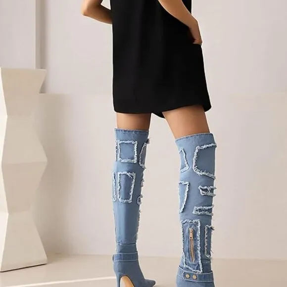 Denim Style Pointed Toe Stiletto Boots